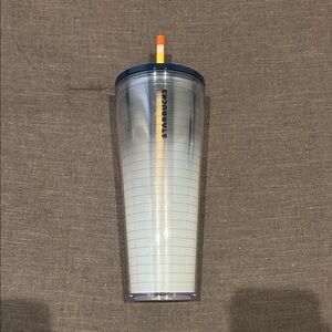 Starbucks Teacher White Paper Tumbler with Blue Lid and Pencil Straw